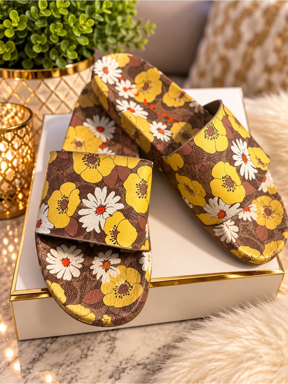 Coach Floral Slide Sandals in Yellow, White and Brown